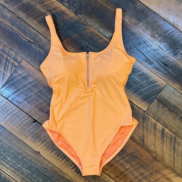 Michael Kors High Neck Zip Back One Piece Swimsuit Women’s 14 Orange MK Logo Zip - Picture 2 of 10